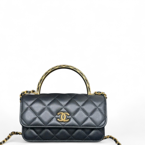 Chanel Quilted Top Handle Phone Holder Lambskin Black