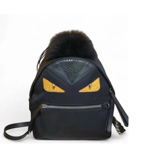 Fendi Monster Eyes Mini Backpack Canvas Crocodile Mink Fur Black Yellow
