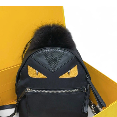 Fendi Monster Eyes Mini Backpack Canvas Crocodile Mink Fur Black Yellow