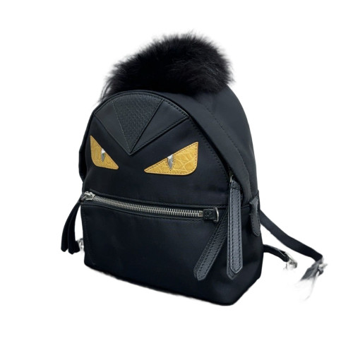 Fendi Monster Eyes Mini Backpack Canvas Crocodile Mink Fur Black Yellow