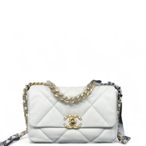 Chanel Quilted Small 19 Flag Lambskin White