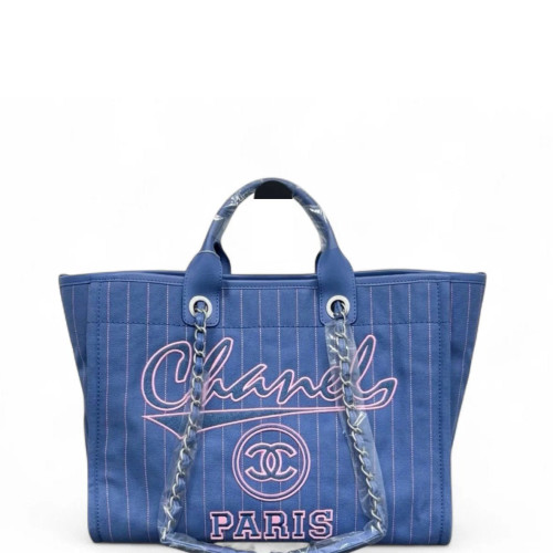Chanel Embroidered Deauville NM Tote Striped Canvas Blue White
