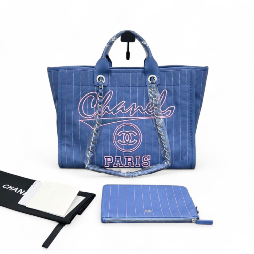 Chanel Embroidered Deauville NM Tote Striped Canvas Blue White