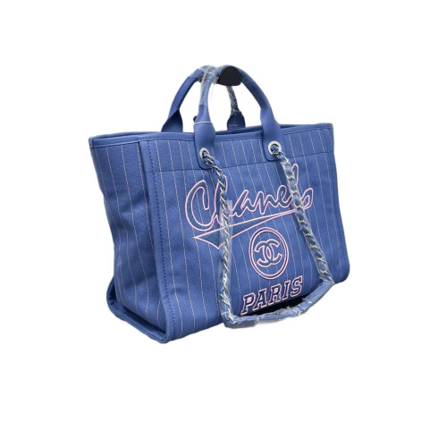 Chanel Embroidered Deauville NM Tote Striped Canvas Blue White