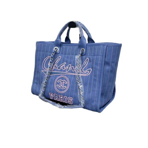 Chanel Embroidered Deauville NM Tote Striped Canvas Blue White