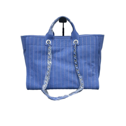 Chanel Embroidered Deauville NM Tote Striped Canvas Blue White