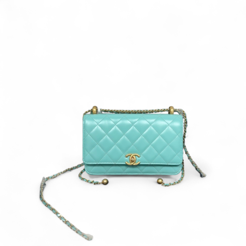 Chanel Quilted 19 Double Gold Ball Flap Bag Calfskin Light Blue