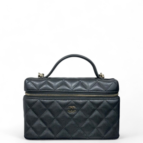 Chanel Top Handle Slim Vanity With Chain Grained Calfskin Black Chanel Top Handle Slim Vanity With Chain Grained Calfskin Black