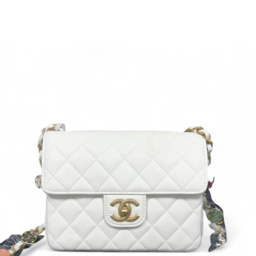 Chanel Quilted Square Medallion Flap Bag Calfskin White