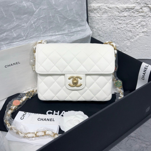 Chanel Quilted Square Medallion Flap Bag Calfskin White
