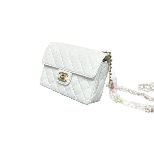 Chanel Quilted Square Medallion Flap Bag Calfskin White