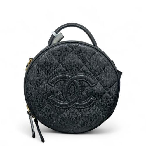 Chanel Top Handle Round Bag Grained Calfskin Black