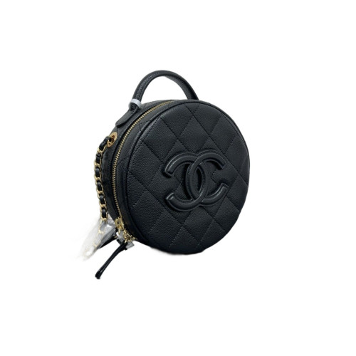 Chanel Top Handle Round Bag Grained Calfskin Black