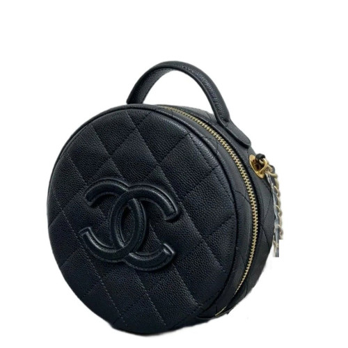 Chanel Top Handle Round Bag Grained Calfskin Black
