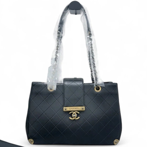 Chanel Quilted Medium Around The Corner Shopping Tote Calfskin Black