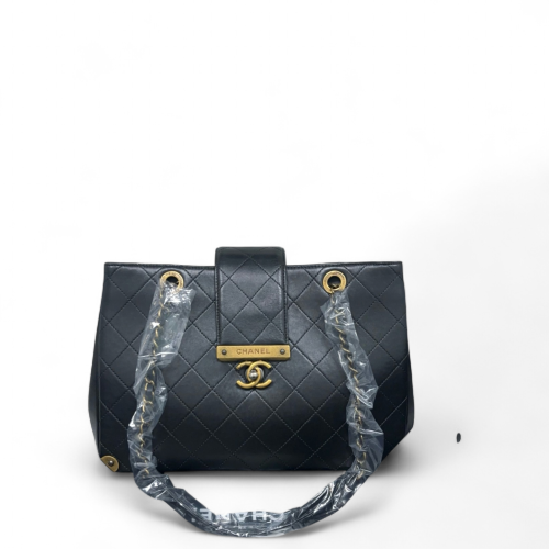 Chanel Quilted Medium Around The Corner Shopping Tote Calfskin Black