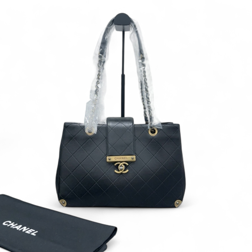 Chanel Quilted Medium Around The Corner Shopping Tote Calfskin Black