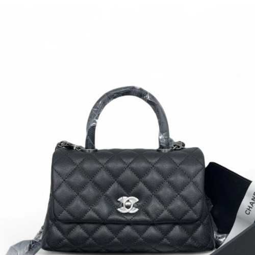 Chanel Quilted Small Coco Handle Caviar Lizard Black
