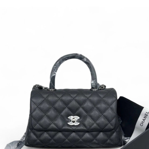 Chanel Quilted Small Coco Handle Caviar Lizard Black