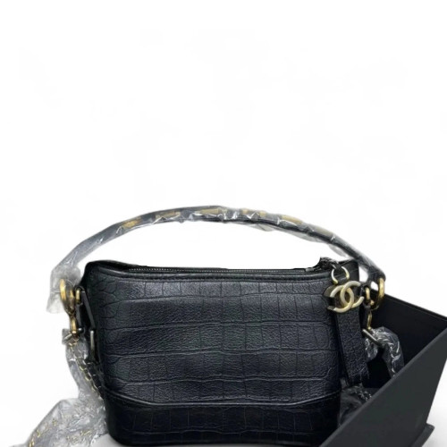 Chanel New Medium Gabrielle Hobo Calfskin Crocodile Embossed Black