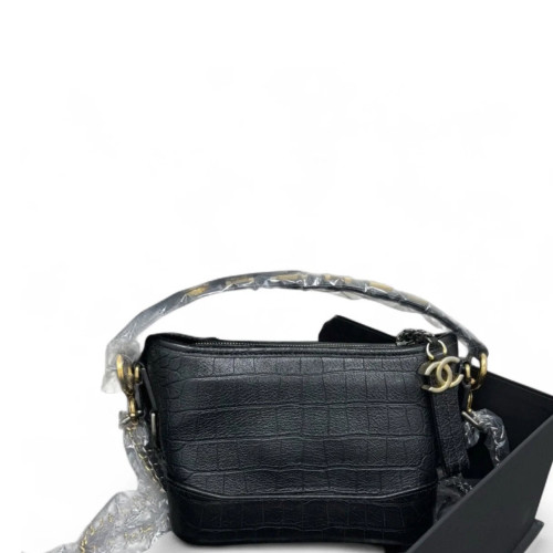 Chanel New Medium Gabrielle Hobo Calfskin Crocodile Embossed Black