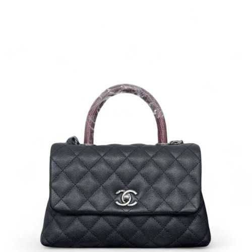 Chanel Quilted Small Coco Handle Caviar Lizard Black Red
