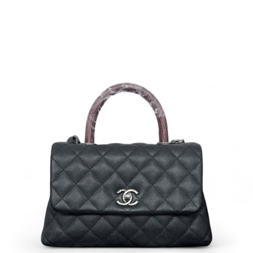 Chanel Quilted Small Coco Handle Caviar Lizard Black Red