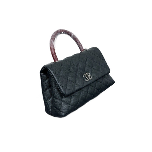 Chanel Quilted Small Coco Handle Caviar Lizard Black Red