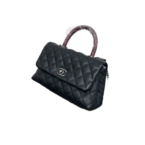 Chanel Quilted Small Coco Handle Caviar Lizard Black Red