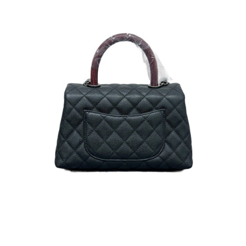 Chanel Quilted Small Coco Handle Caviar Lizard Black Red