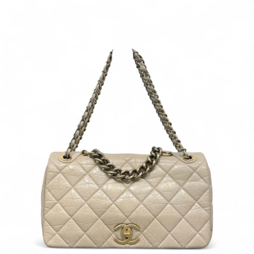 Chanel Quilted Paris Bombay Maxi Single Flap Pull Up Leather Natural Tan