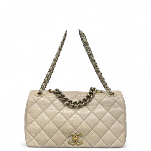 Chanel Quilted Paris Bombay Maxi Single Flap Pull Up Leather Natural Tan