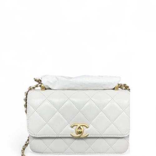 Chanel Quilted 19 Double Gold Ball Flap Bag Calfskin White