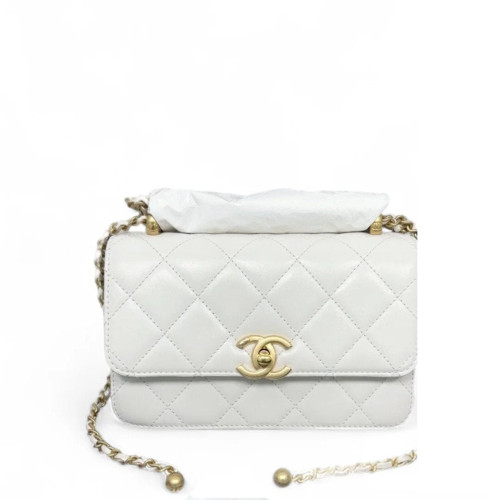 Chanel Quilted 19 Double Gold Ball Flap Bag Calfskin White