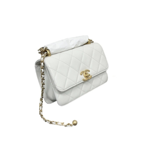 Chanel Quilted 19 Double Gold Ball Flap Bag Calfskin White