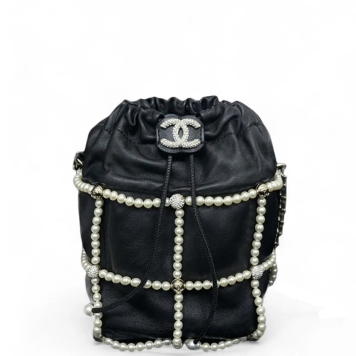 Chanel Crystal Pearl Small On My Shoulder Drawstring Bag Calfskin Black White