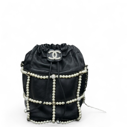 Chanel Crystal Pearl Small On My Shoulder Drawstring Bag Calfskin Black White