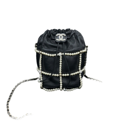 Chanel Crystal Pearl Small On My Shoulder Drawstring Bag Calfskin Black White
