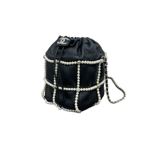 Chanel Crystal Pearl Small On My Shoulder Drawstring Bag Calfskin Black White