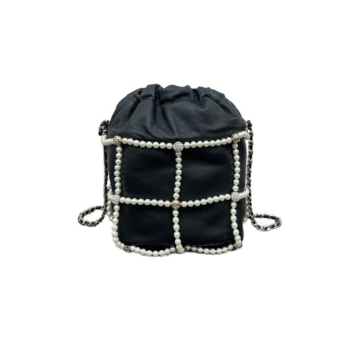 Chanel Crystal Pearl Small On My Shoulder Drawstring Bag Calfskin Black White