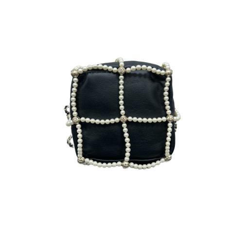 Chanel Crystal Pearl Small On My Shoulder Drawstring Bag Calfskin Black White