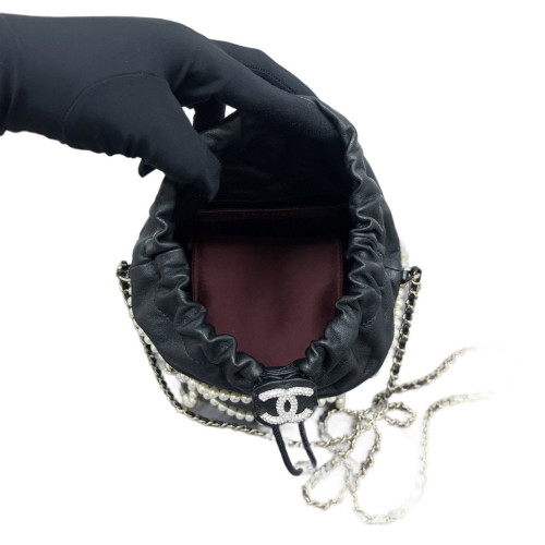 Chanel Crystal Pearl Small On My Shoulder Drawstring Bag Calfskin Black White