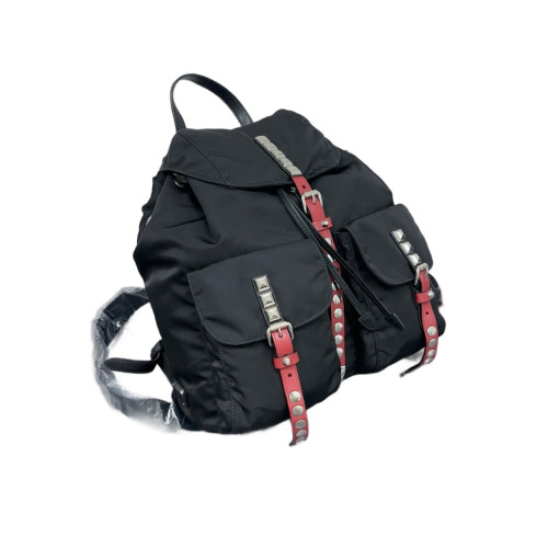Prada Studded New Vela Backpack Nylon Vela Black Red