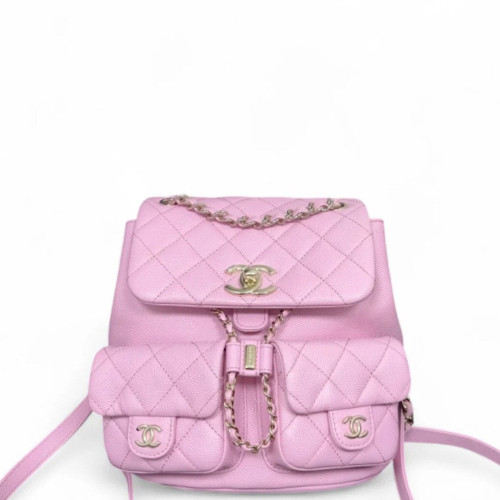 Chanel Quilted Medium Duma Pockets Drawstring Backpack Grained Calfskin Light Pink