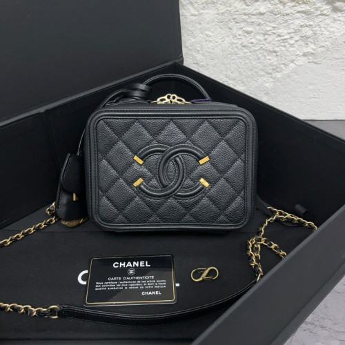Chanel Quilted Small CC Filigree Vanity Case Grained Calfskin Black Chanel Quilted Small CC Filigree Vanity Case Grained Calfskin Black