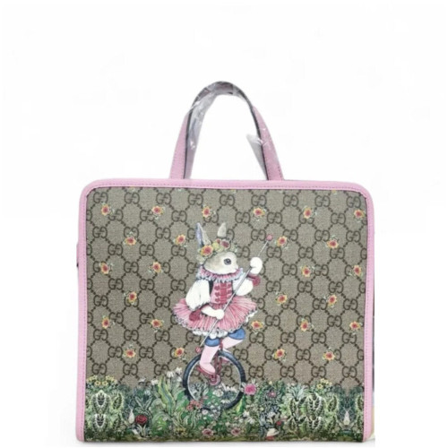 Gucci Children's Printed Tote Bag GG Supreme Monogram Calfskin Pink Beige Green