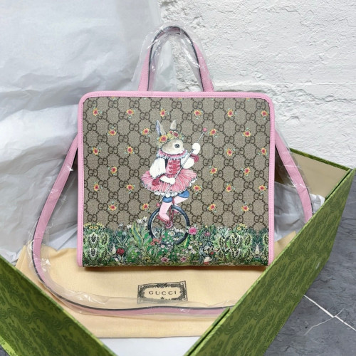 Gucci Children's Printed Tote Bag GG Supreme Monogram Calfskin Pink Beige Green
