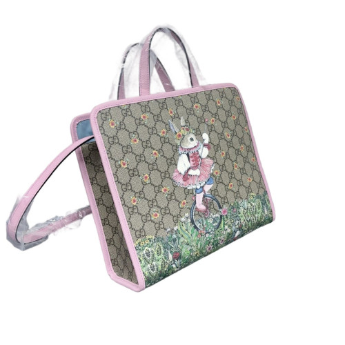 Gucci Children's Printed Tote Bag GG Supreme Monogram Calfskin Pink Beige Green