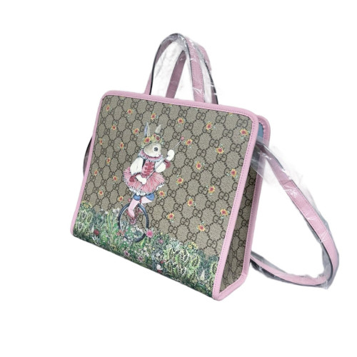 Gucci Children's Printed Tote Bag GG Supreme Monogram Calfskin Pink Beige Green