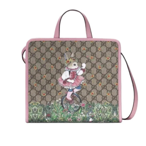 Gucci Children's Printed Tote Bag GG Supreme Monogram Calfskin Pink Beige Green